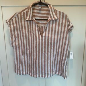 Old Navy Brown and White Striped Button Down Linen Shirt